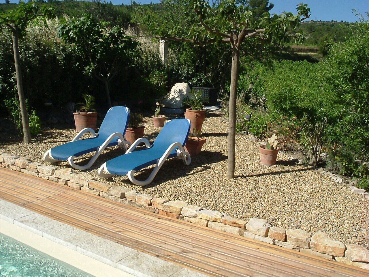 Un espace aménagé au bord de la piscine, comprenant deux chaises longues, une terrasse en bois et des plantes en pot.