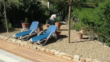 Un espace aménagé au bord de la piscine, comprenant deux chaises longues, une terrasse en bois et des plantes en pot.