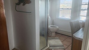 Une salle de bain comprenant des toilettes, une porte de douche en verre, un petit tapis et un élément décoratif mural.
