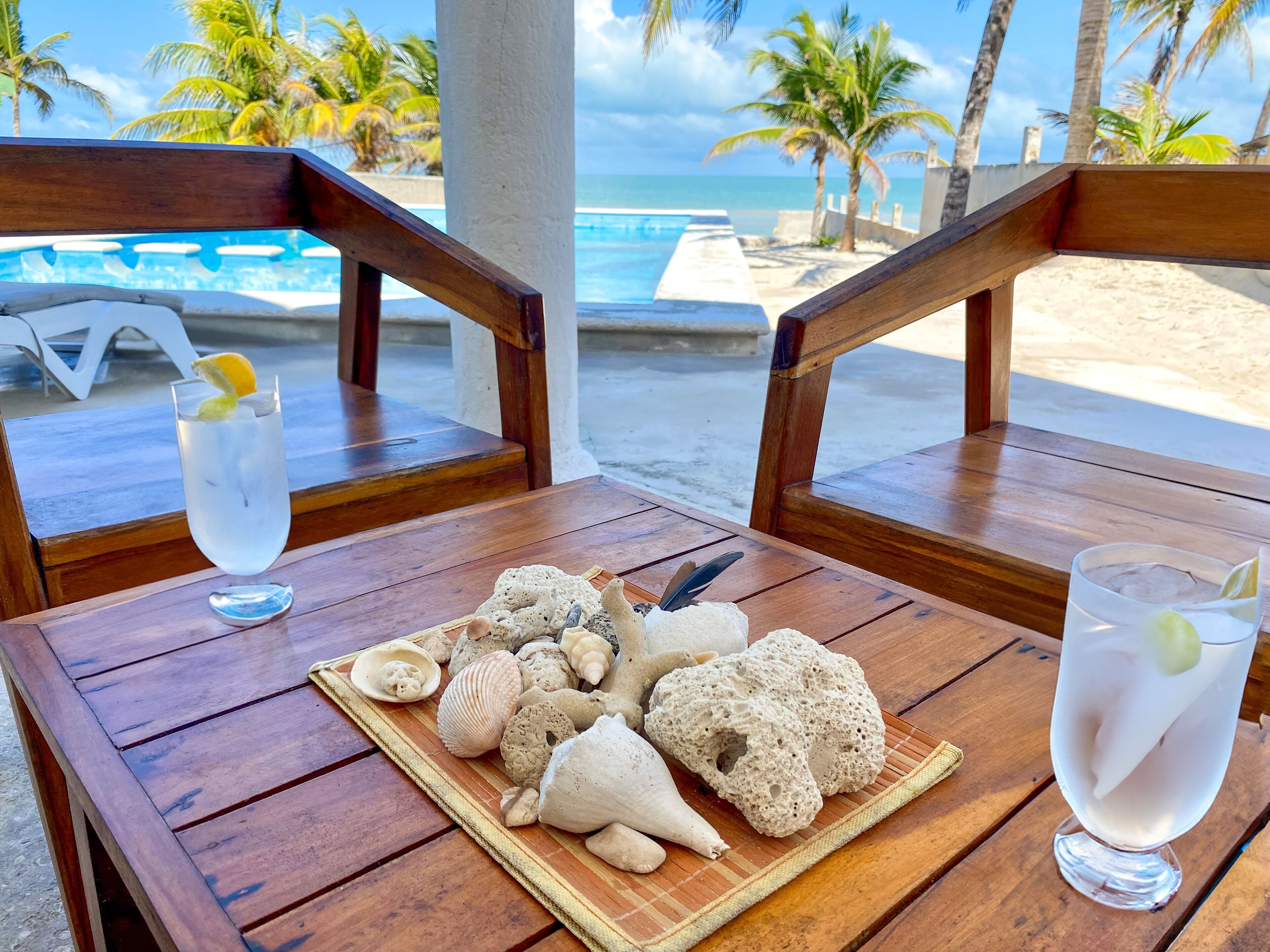 A wooden table with a tray of seashells and a knife, two glasses of water with lemon slices, and a view of the beach and ocean.