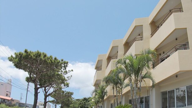 Um hotel com vários andares, varandas, palmeiras e um céu claro.