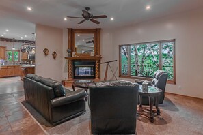 Smart TV, fireplace, DVD player, video library