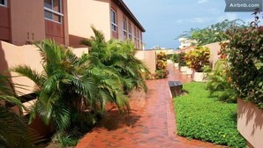 A pathway flanked by lush greenery and a building facade.
