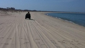 Una playa amplia y arenosa con marcas de neumáticos que conducen al agua.