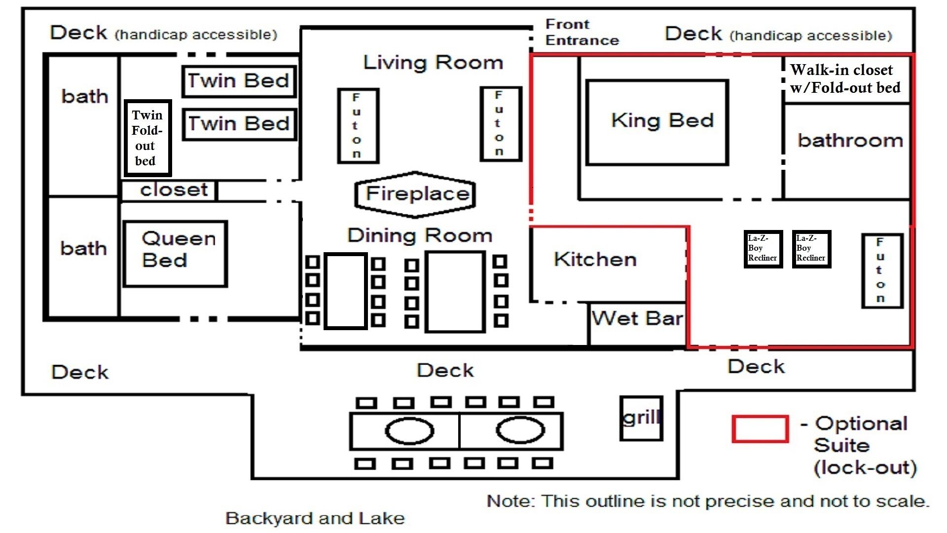 Plano de planta de un hotel con terrazas accesibles para personas con discapacidad, camas individuales, cama doble, comedor, cocina y suite opcional.