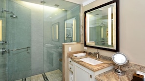 Shower, jetted tub, hair dryer, bidet