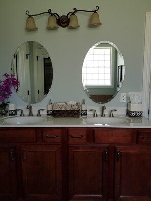 Combined shower/tub, jetted tub, hair dryer, towels