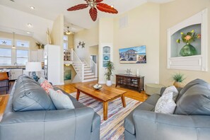 Smart TV, fireplace, foosball, books