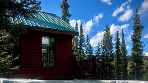 A wooden cabin with a metal roof, a hot tub, and a pool surrounded by trees.