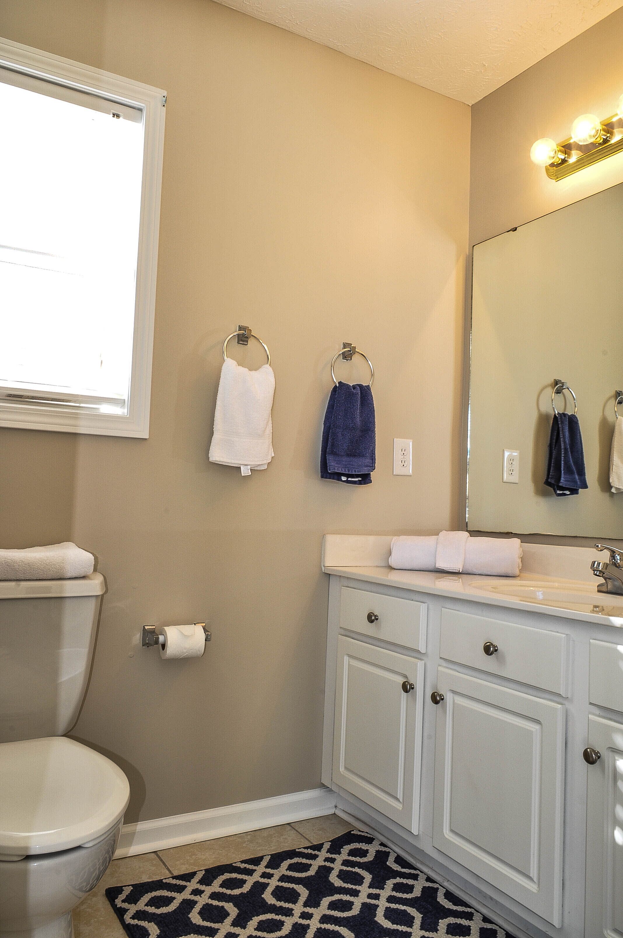Ein Badezimmer mit Toilette, Waschbecken und Spiegel. Handtücher hängen an der Wand und ein gemustertes Teppich liegt auf dem Boden.