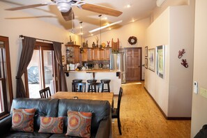 Smart TV, fireplace, DVD player, video library