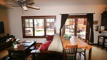 Smart TV, fireplace, DVD player, video library