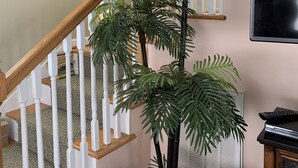 Un escalier avec des balustres blanches, une main courante en bois et une plante verte au centre.