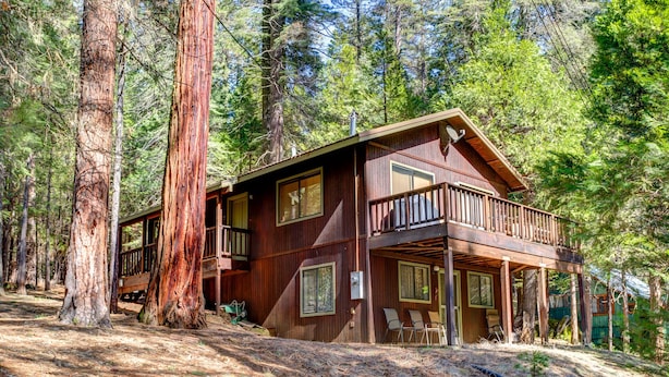 A cabin with a balcony, surrounded by tall trees. - (1S) Cecil's Cabin at The Redwoods In Yosemite (Wawona)