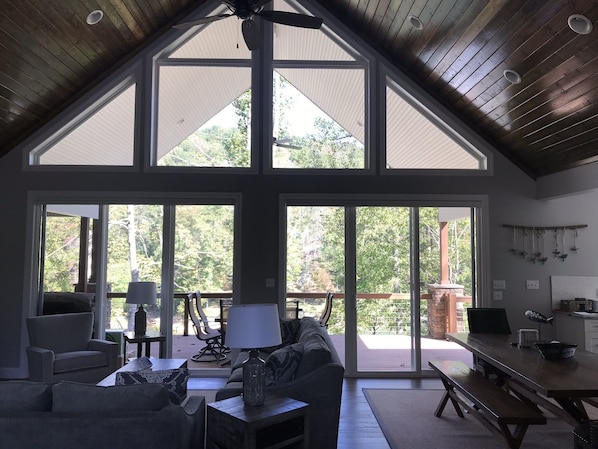 Smart TV, fireplace, books, stereo