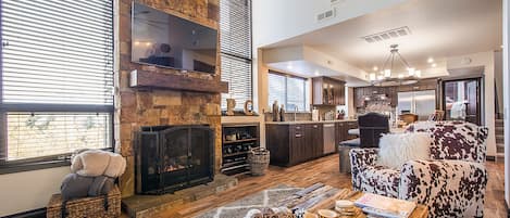 TV connectée, cheminée, lecteur de DVD, livres