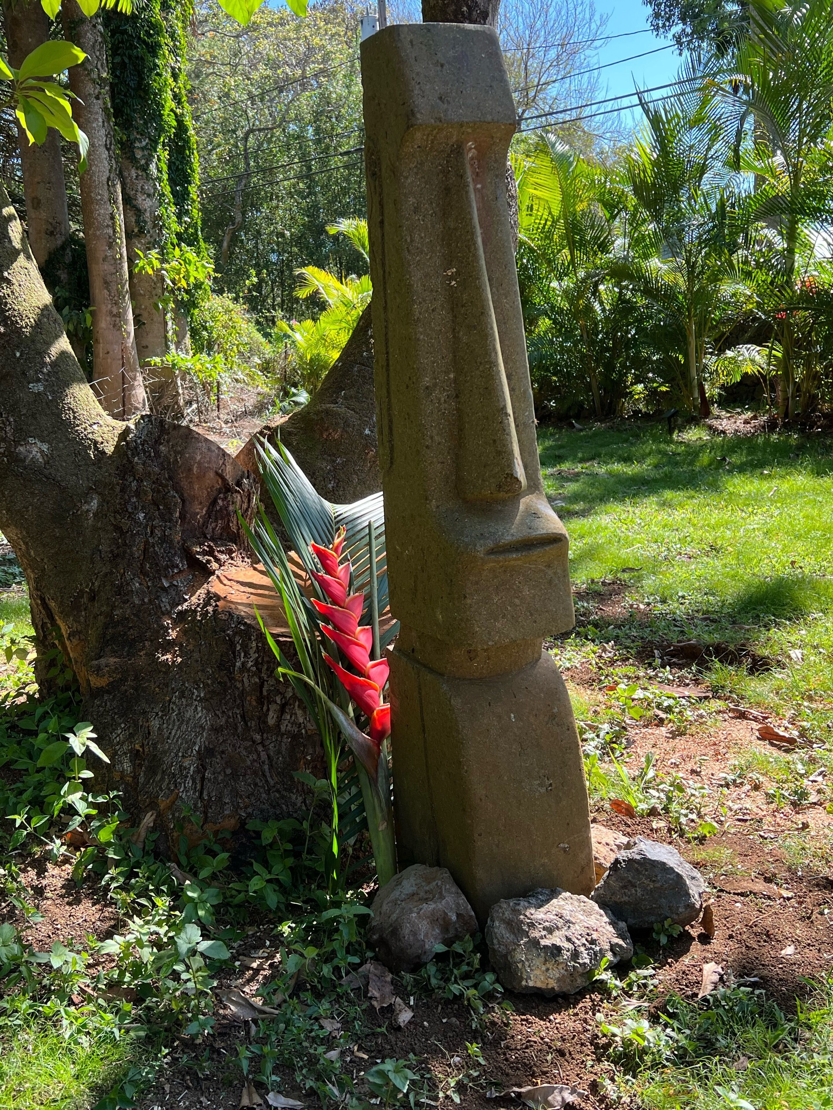 A stone statue with a carved face, surrounded by lush greenery and a fallen tree trunk.