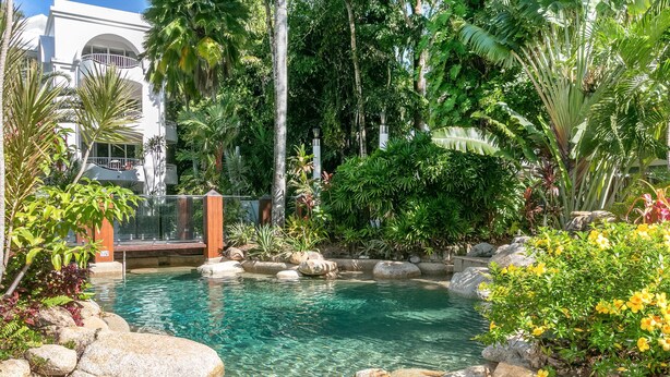 A clear pool surrounded by rocks and tropical plants, with a white building in the background. - Poolside Apt In Alamanda Beachfront Resort 55 (Palm Cove)