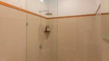 A modern bathroom with a glass-enclosed shower, a white sink, and a toilet.