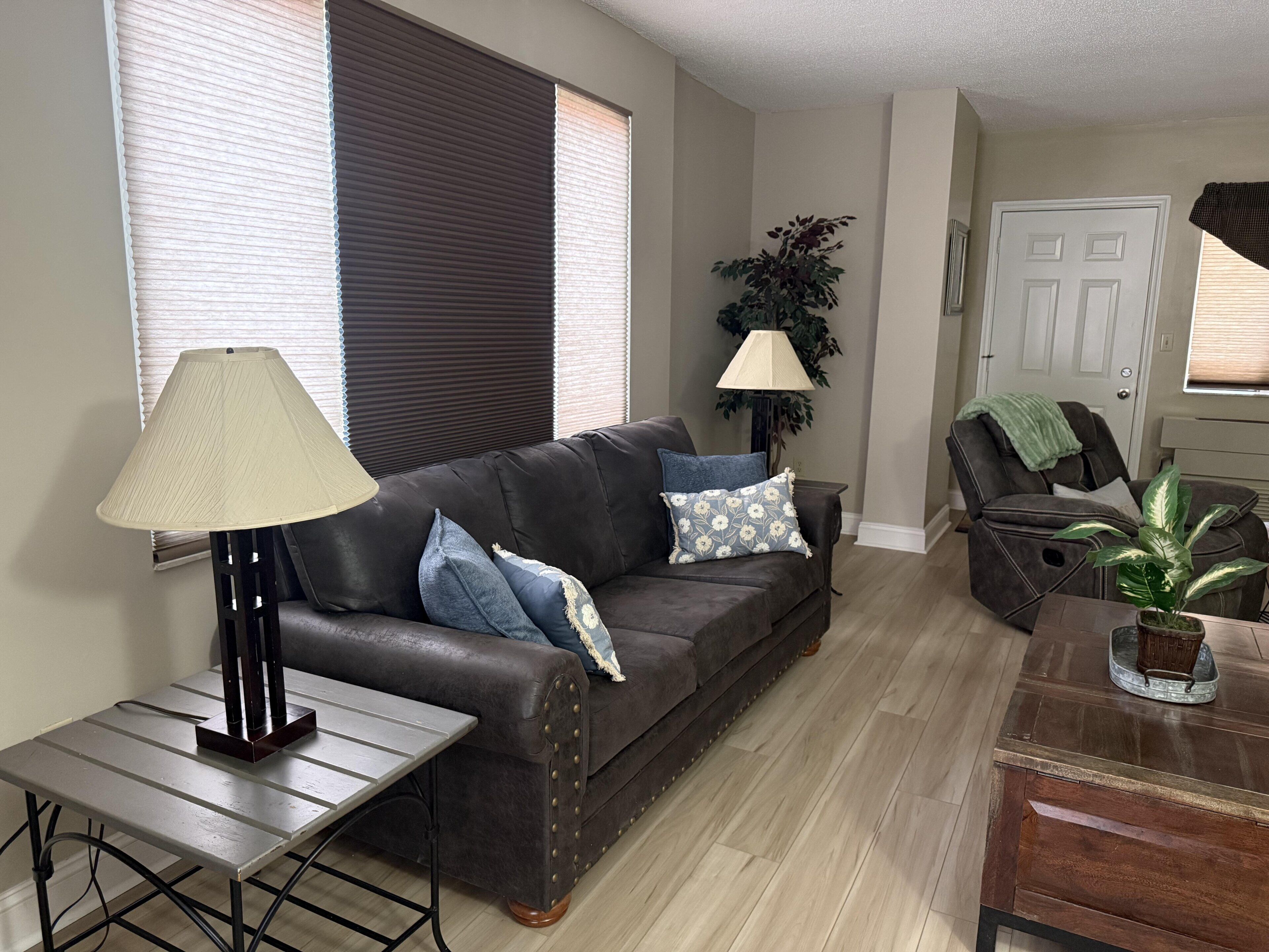 A living room with a leather sofa, a table, a chair, a lamp, and a potted plant.