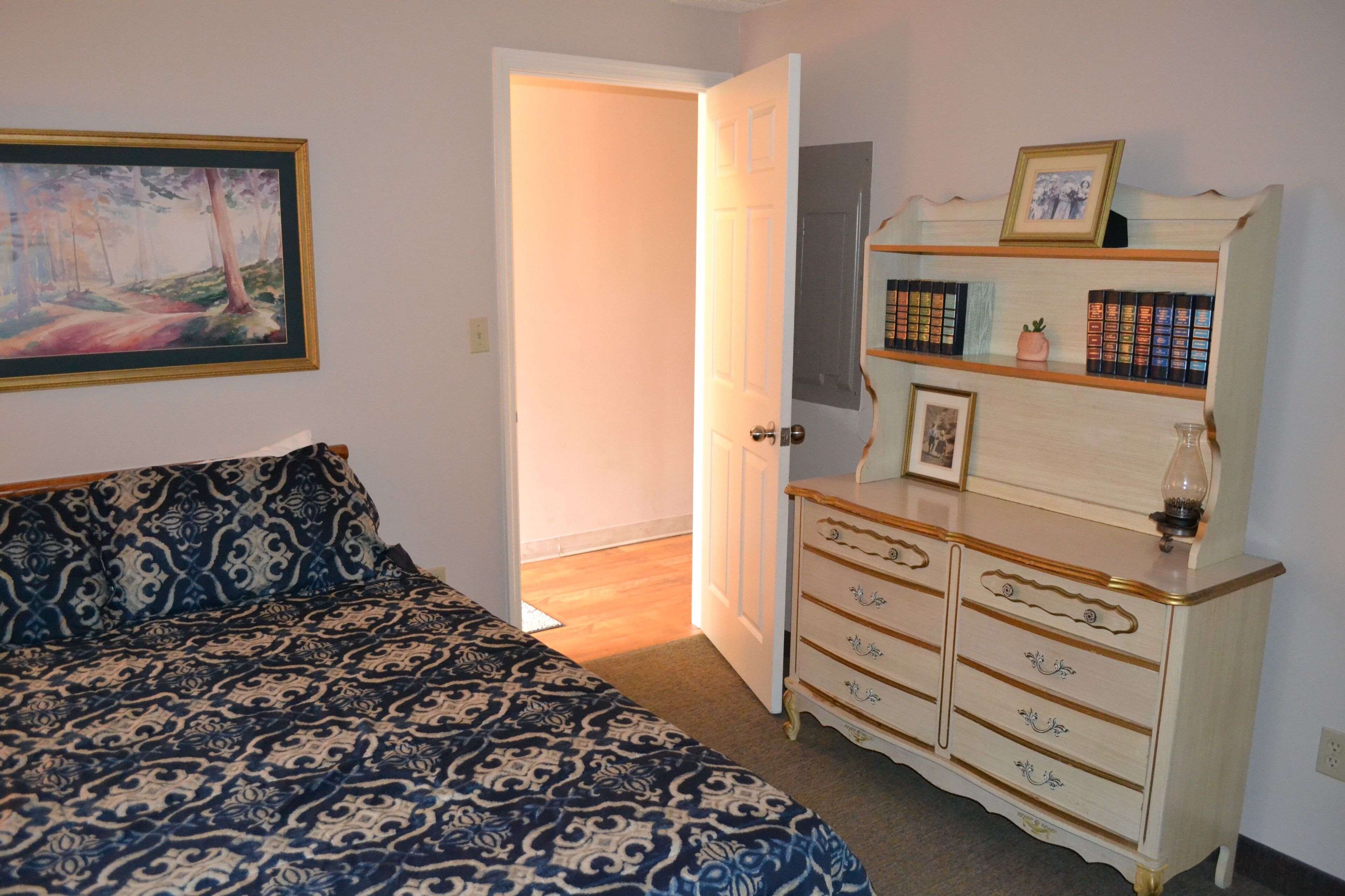 A bedroom with a patterned bedspread, a dresser with drawers, a framed picture on the wall, and a door leading to another room.
