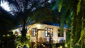 A house with a porch, surrounded by palm trees and a parked scooter.
