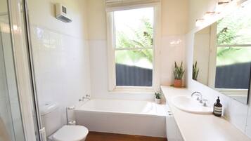 Hair dryer, towels, soap, toilet paper
