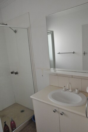 Shower, hair dryer, towels, shampoo