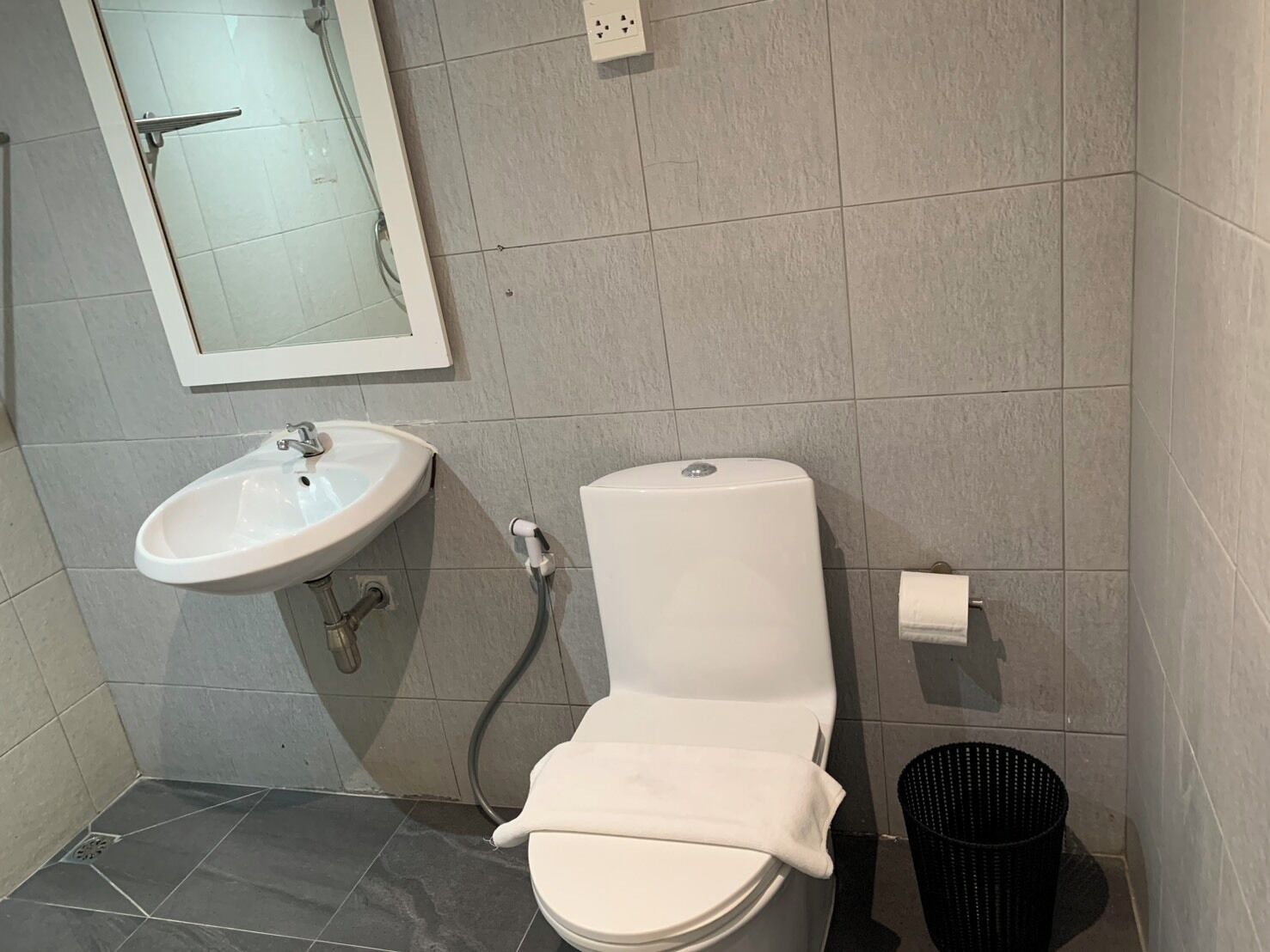 A bathroom with a toilet, sink, and a mirror.