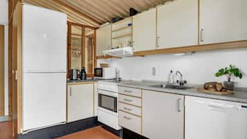 Fridge, stovetop, dishwasher, coffee/tea maker