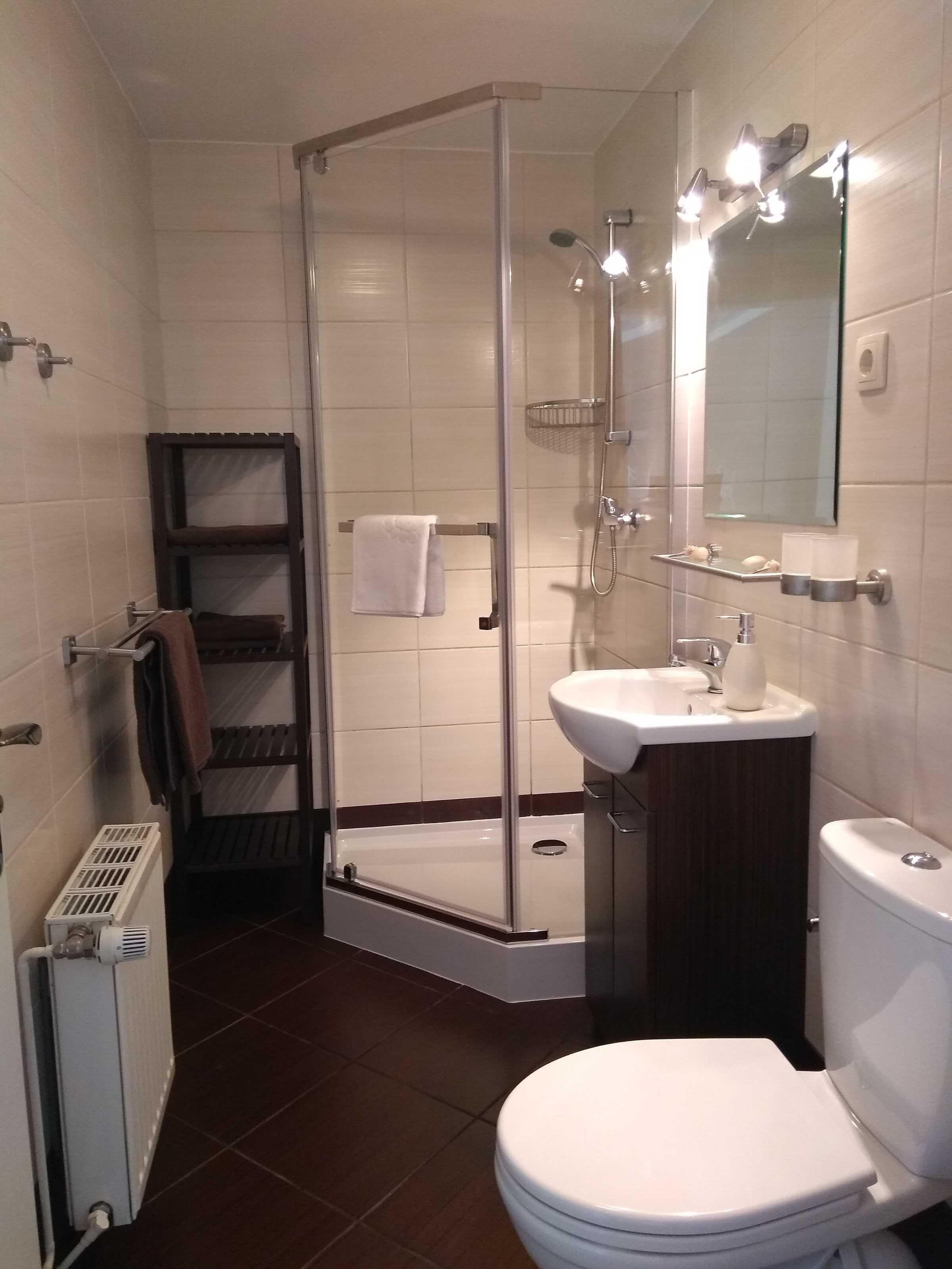 A modern bathroom with a glass-enclosed shower, a white sink, and a toilet.
