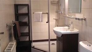 A modern bathroom with a glass-enclosed shower, a white sink, and a toilet.