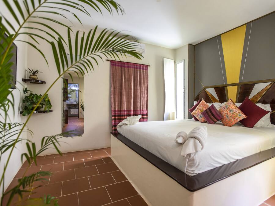 A bedroom with a large bed, a view of the hallway, and a potted plant.