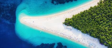 An aerial view of a beach with clear turquoise waters, a sandy shore, and a dense forested area.