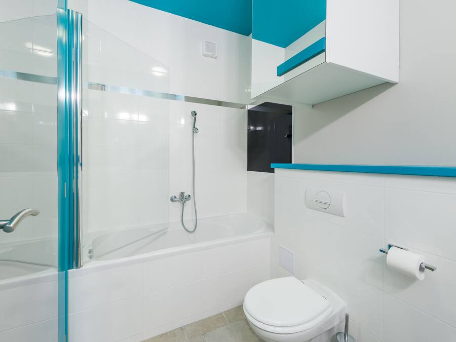 A modern bathroom with a glass shower enclosure, a white bathtub, and a toilet.