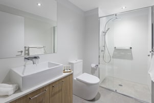 Une salle de bain moderne avec un grand lavabo, des toilettes et une douche à parois de verre.