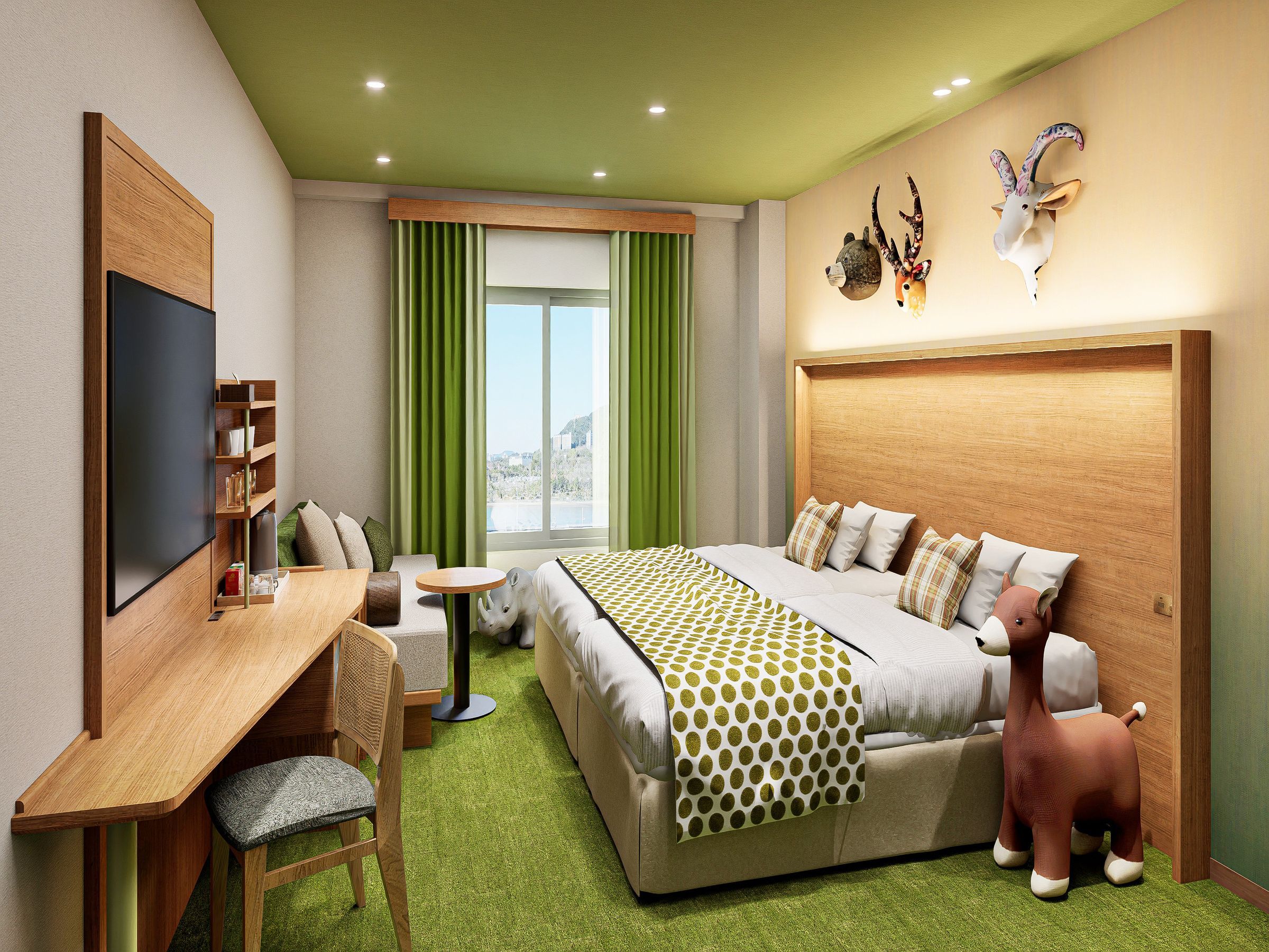 A modern hotel room with a bed, desk, chair, and a view of the outdoors.