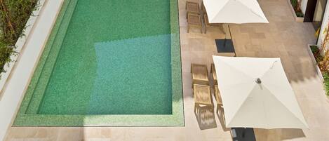 A rooftop pool area with a stone wall, lounge chairs, and umbrellas.