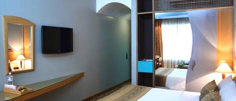 Individually decorated, individually furnished, desk, blackout drapes