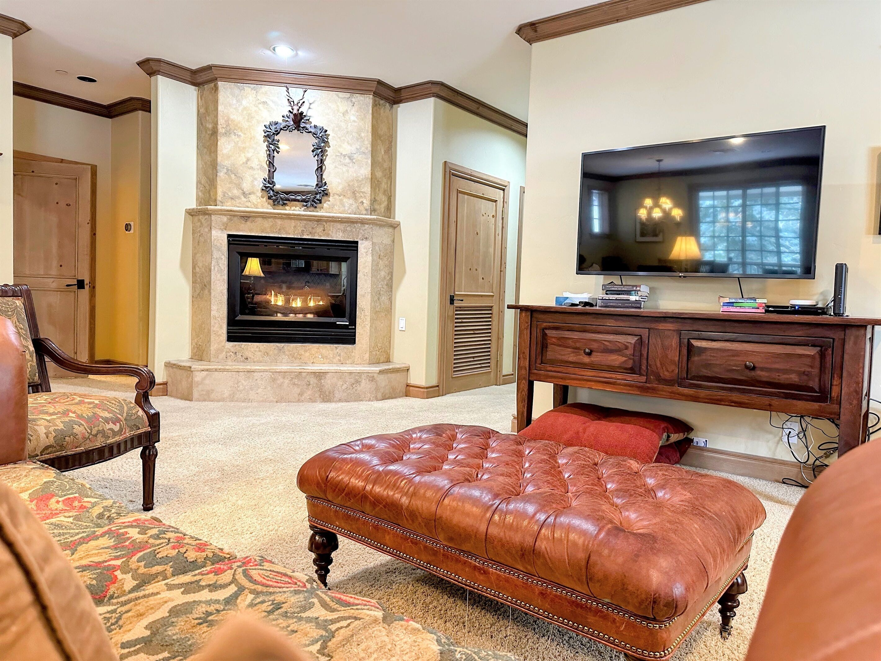 Televisión, chimenea y reproductor de DVD 