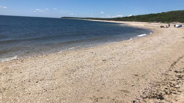 Una playa pedregosa con agua azul cristalina, una masa de tierra cubierta de árboles a lo lejos, y algunas personas y tiendas de campaña en la orilla.