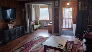 Una Smart TV, una chimenea, un reproductor de DVD, libros