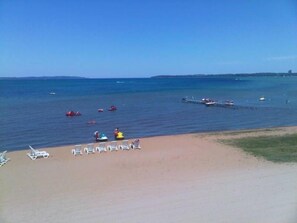 On the beach, sun loungers