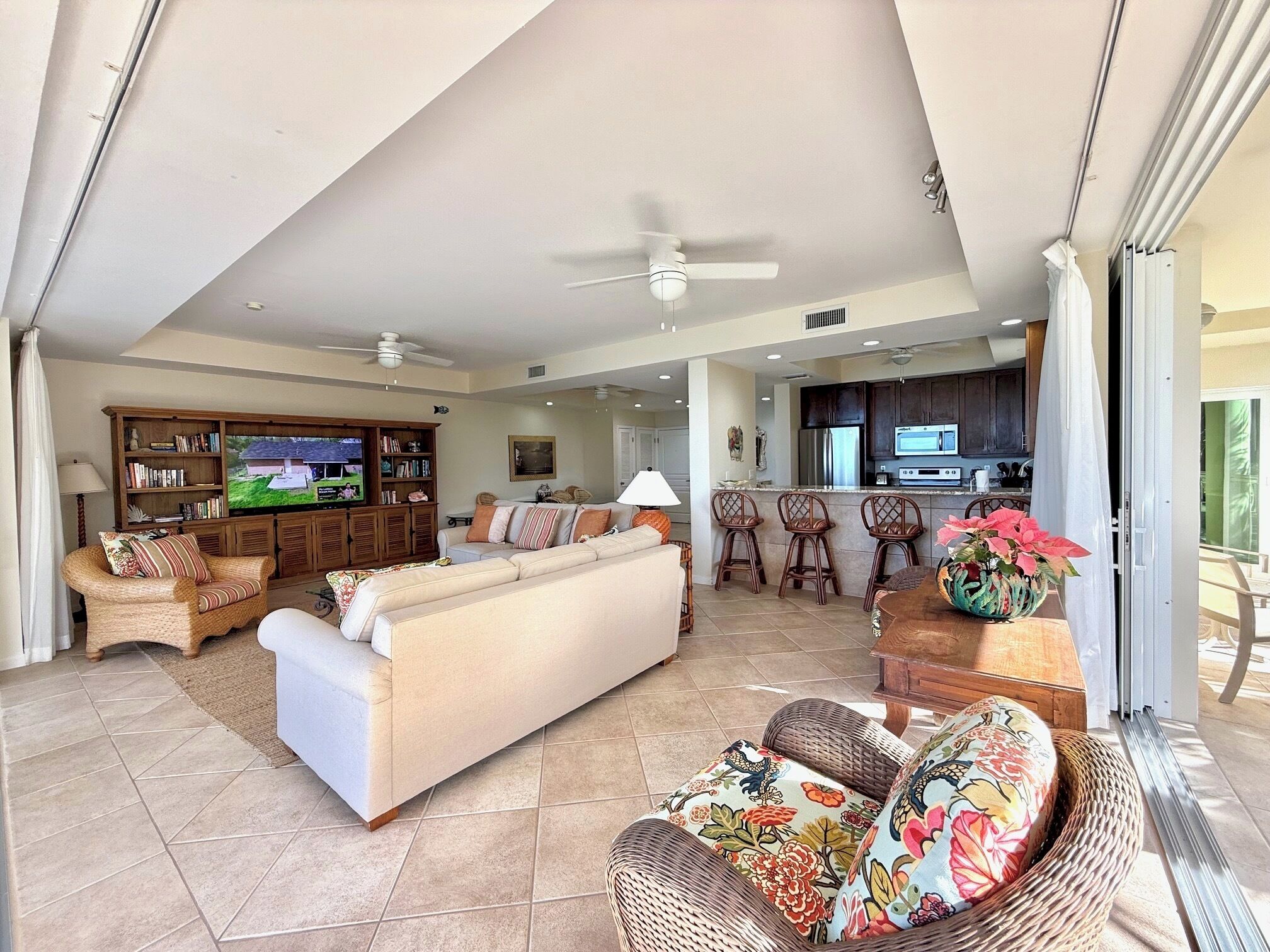 Flat-screen TV, DVD player, books, video library