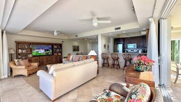 Flachbildfernseher, DVD-Player, Bücher, Videothek