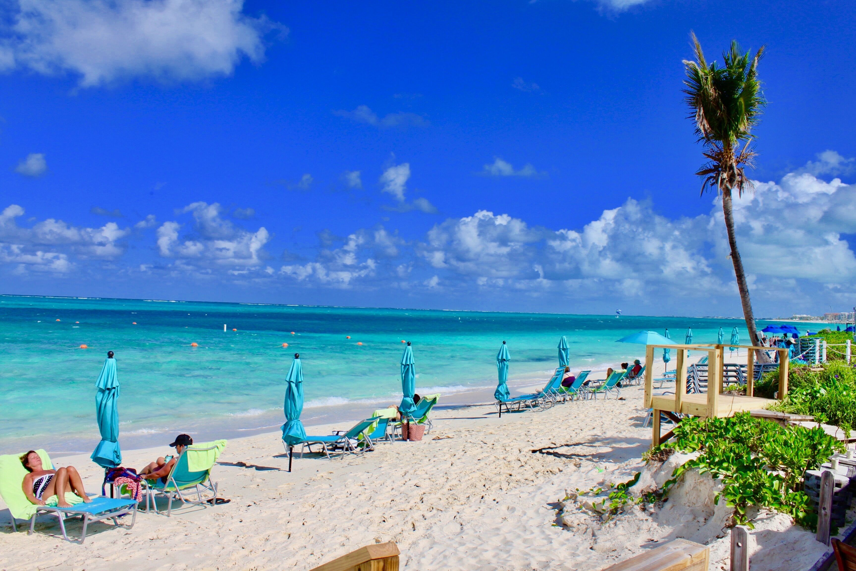 Plage, chaises longues, serviettes de plage