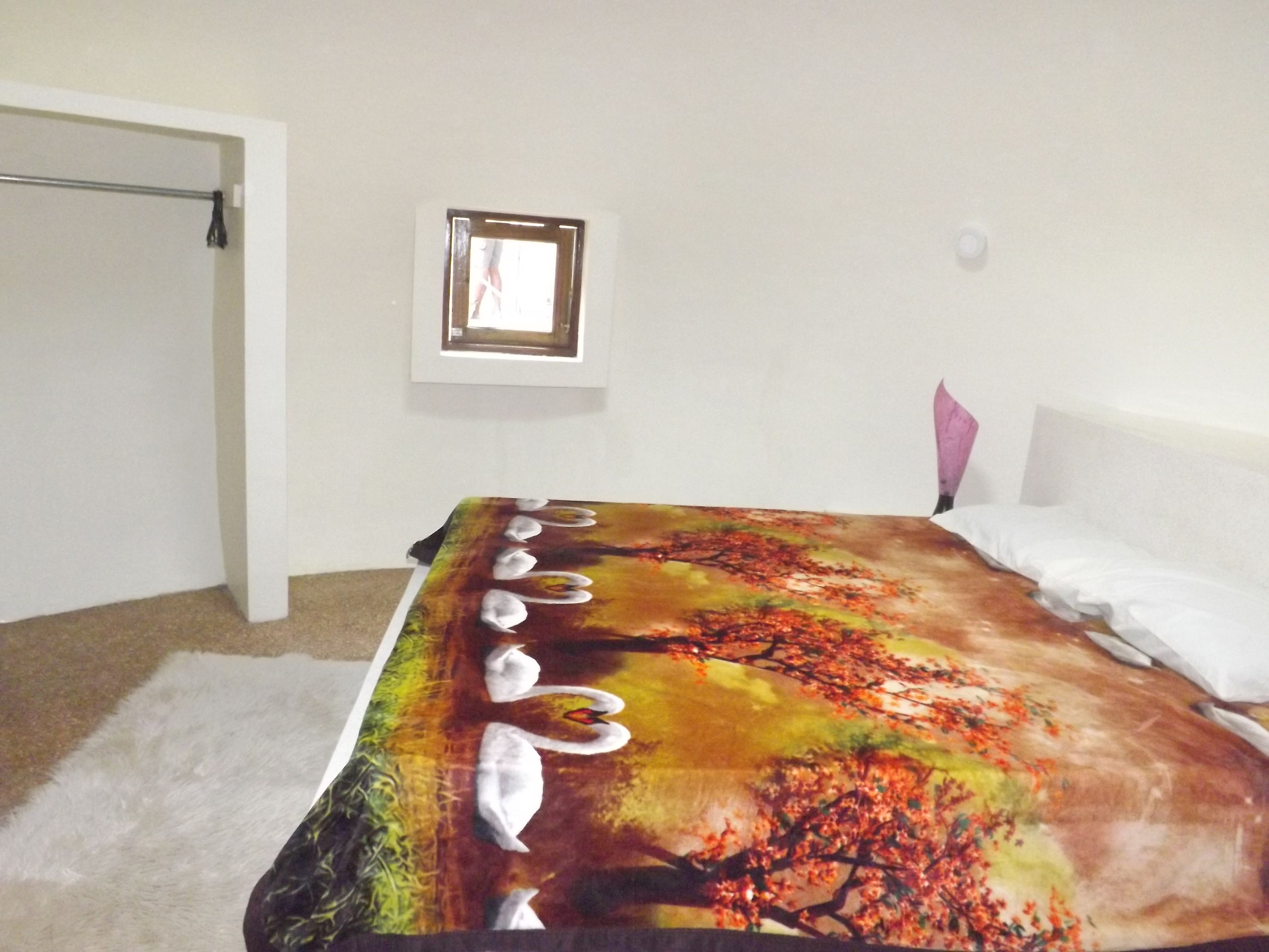 Une chambre à coucher avec un lit, une fenêtre et une porte.