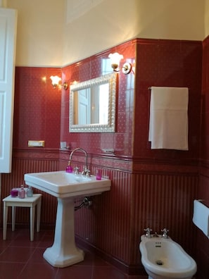 A bathroom with a pedestal sink, a bidet, a mirror with ornate frame, and a towel rack.