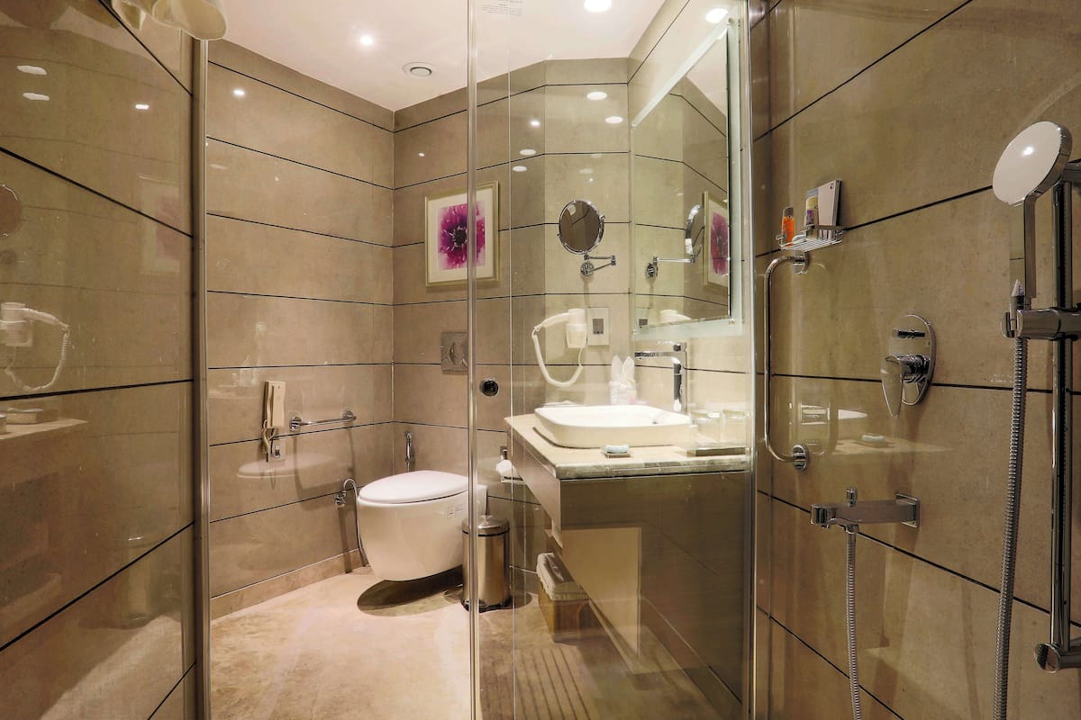 shower, free toiletries, bathrobes, slippers