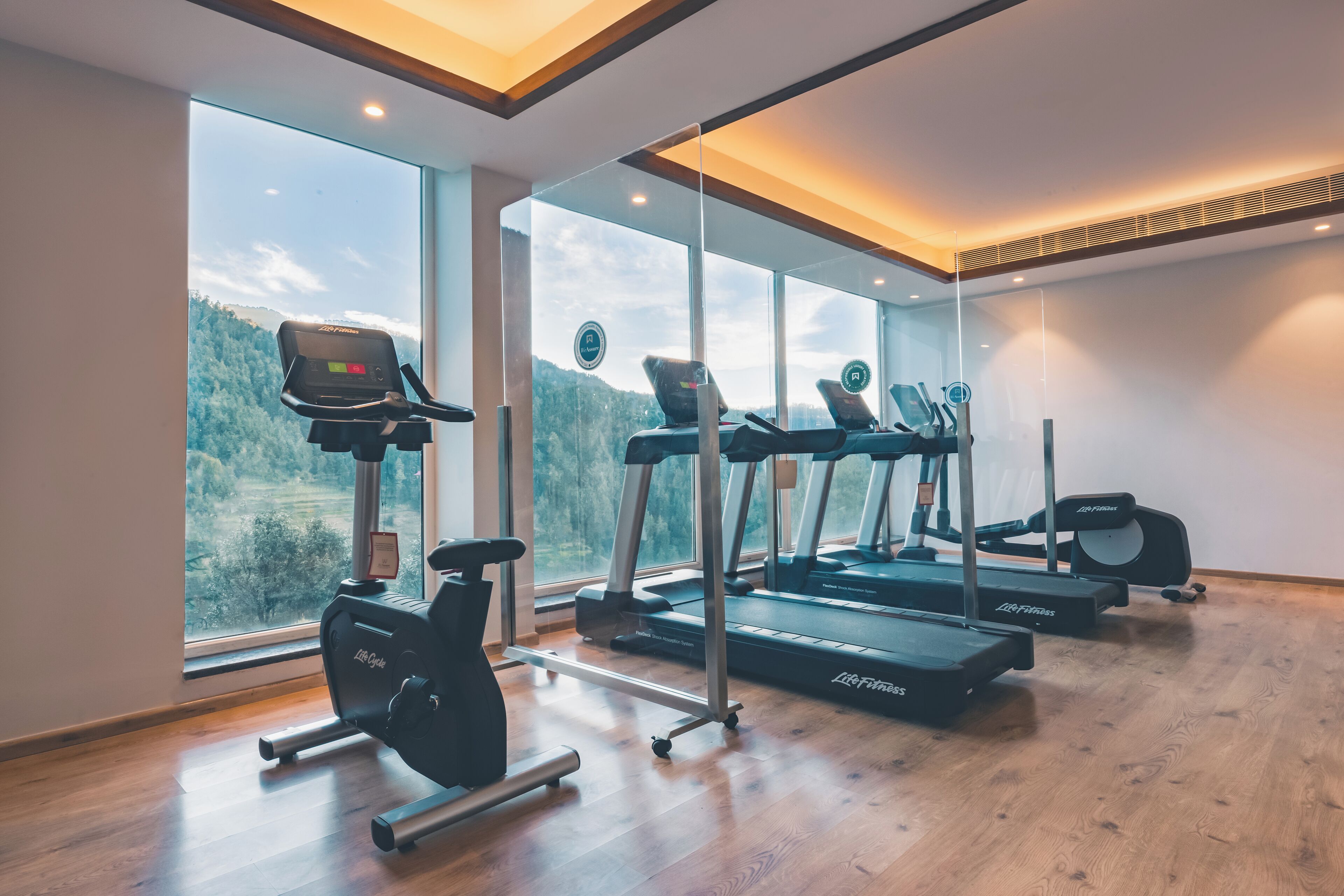 Ett gym med konditionsutrustning, inklusive löpband och en crosstrainer, samt stora fönster med utsikt över ett skogsområde.